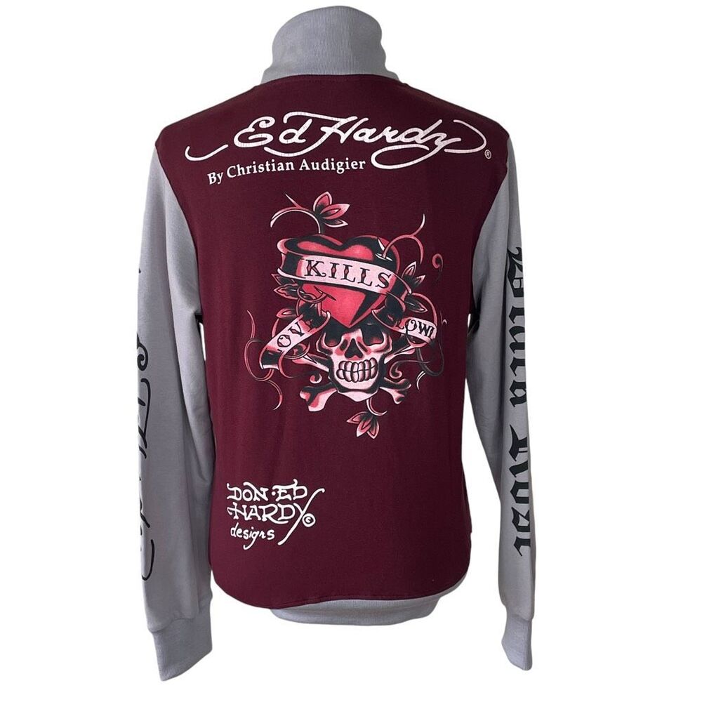 Ed Hardy Love Kills Zip Up Maroon Size XL - Picture 1 of 14